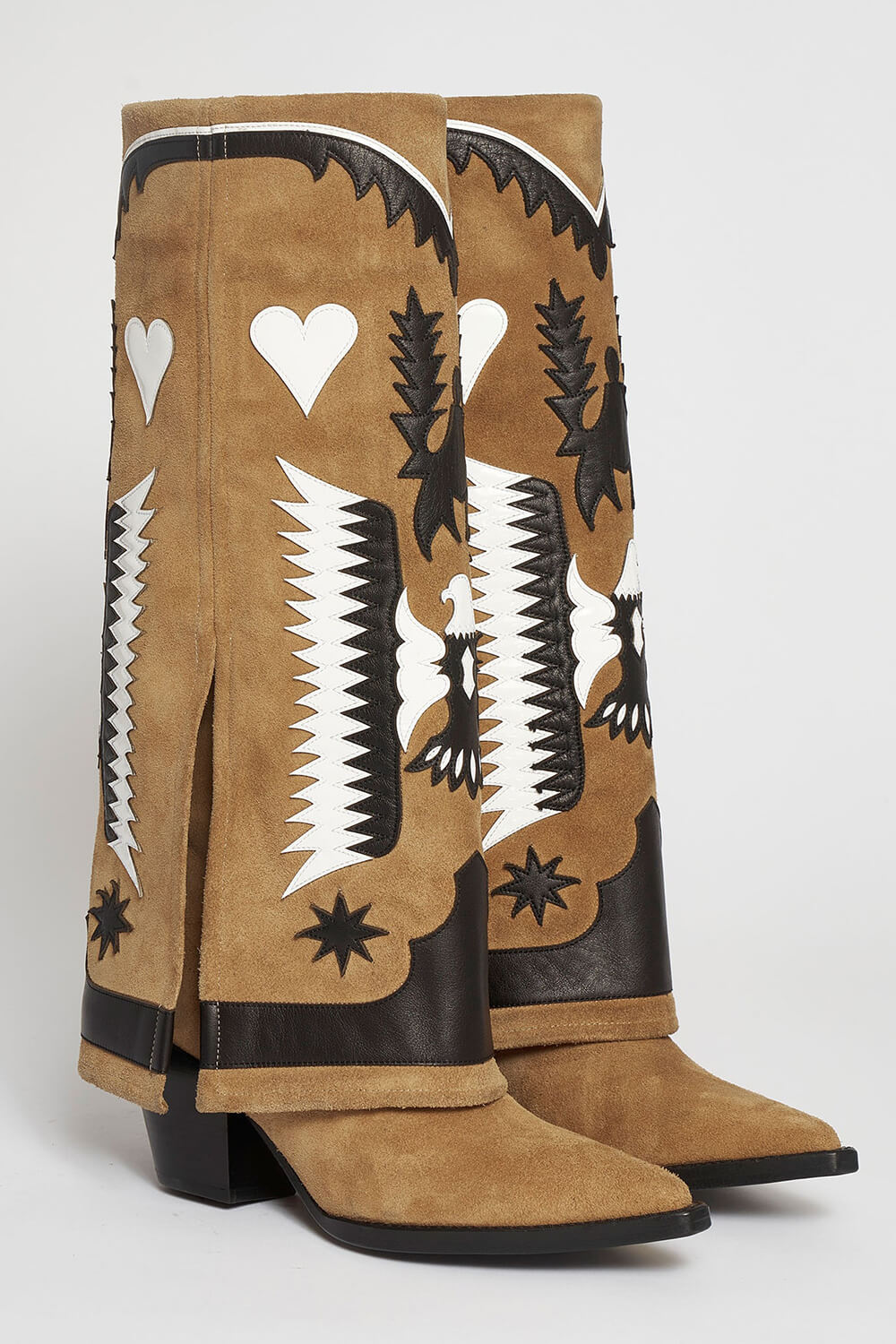 Suede Western Cowboy Fold Over Pointed Toe Knee High Block Heel Boots