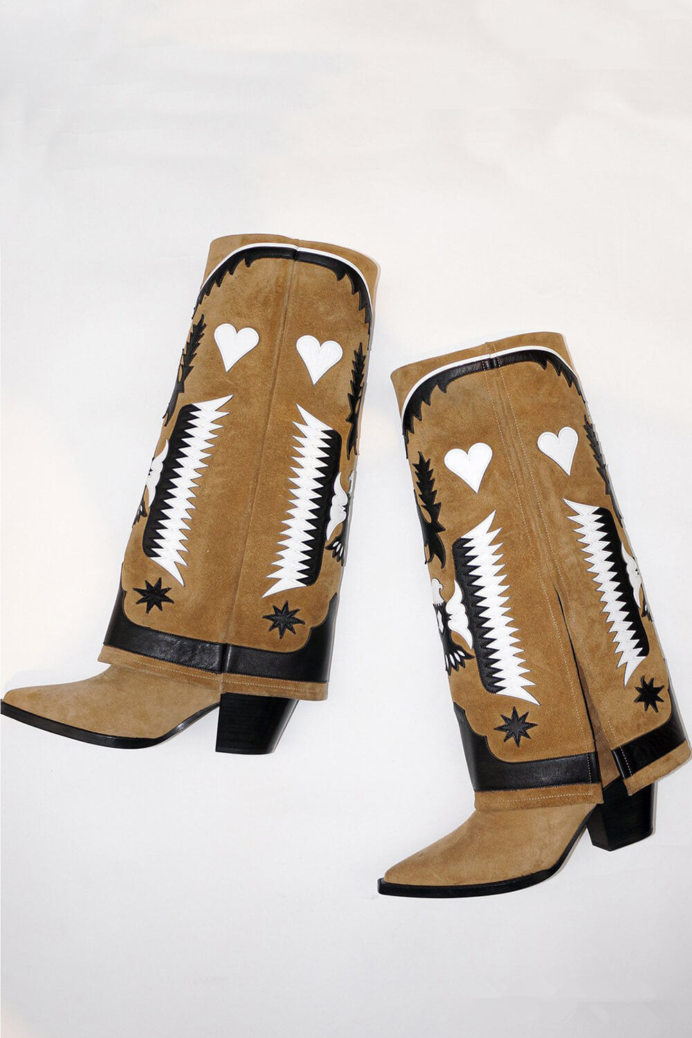 Suede Western Cowboy Fold Over Pointed Toe Knee High Block Heel Boots