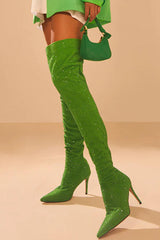 Point Toe Diamante Over The Knee Stiletto Boots - Lime