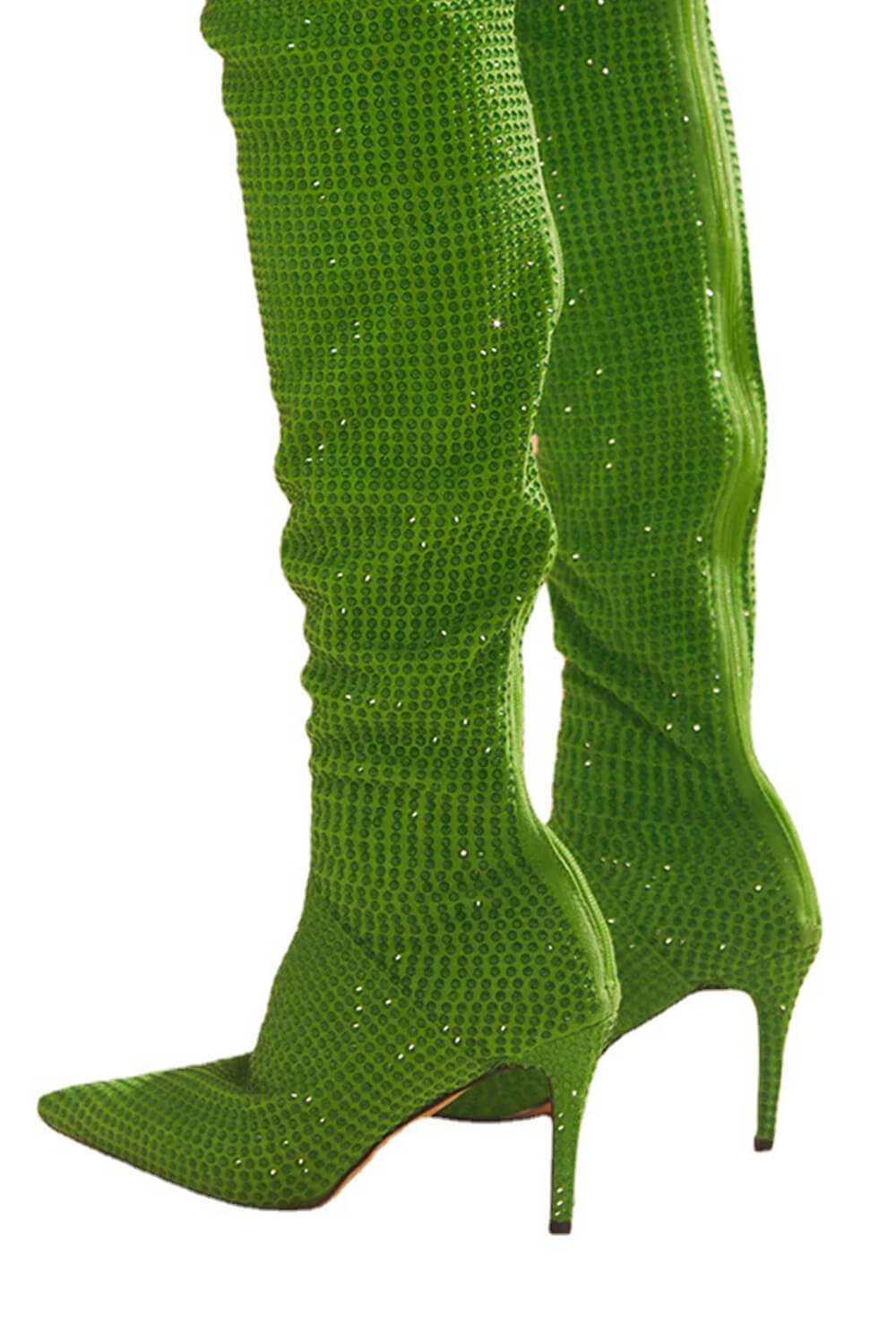 Point Toe Diamante Over The Knee Stiletto Boots - Lime