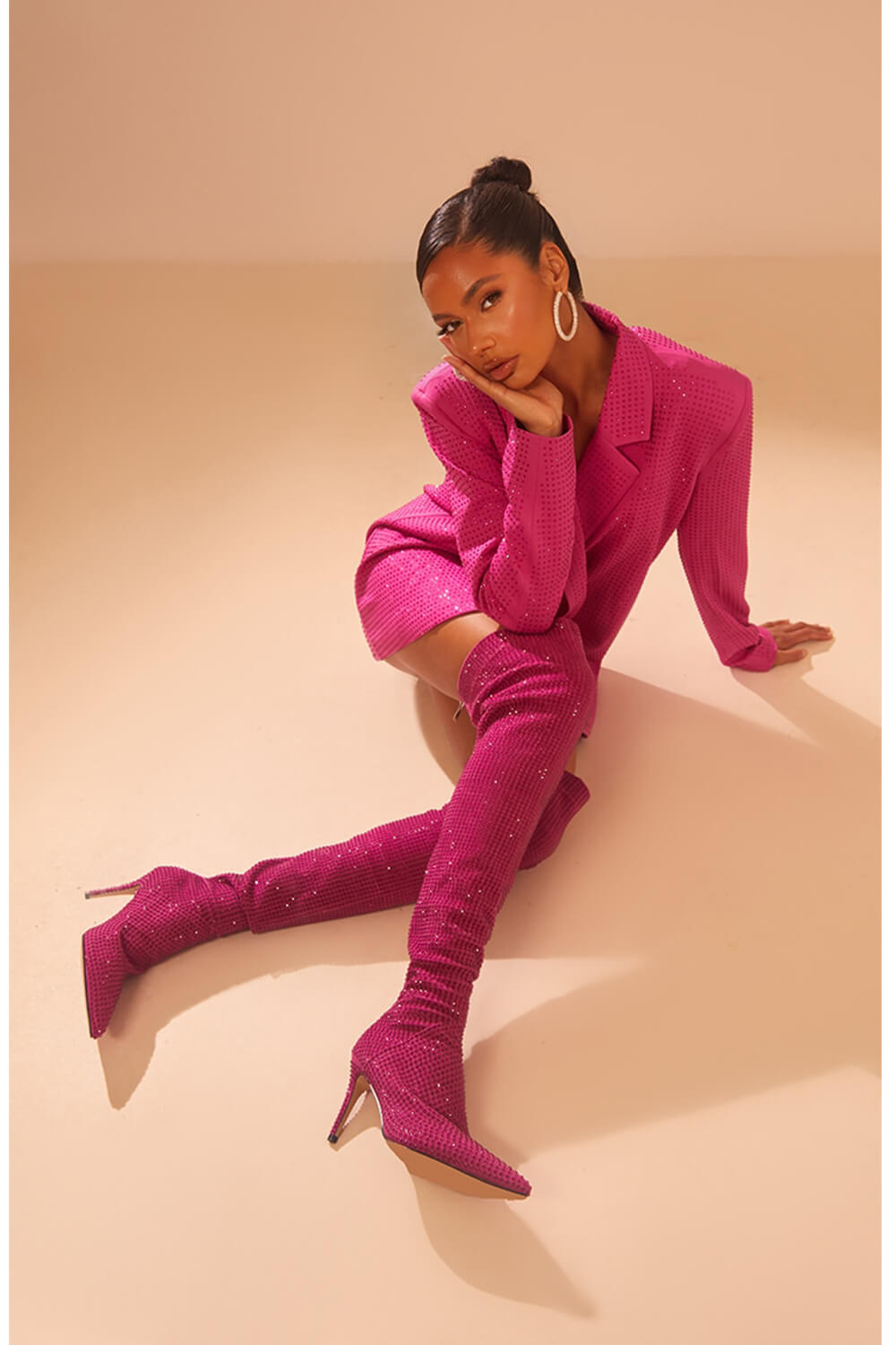 Point Toe Diamante Over The Knee Stiletto Boots - Hot Pink