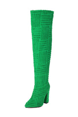 Terry Towel Point Toe Over The Knee High Block Boots - Green