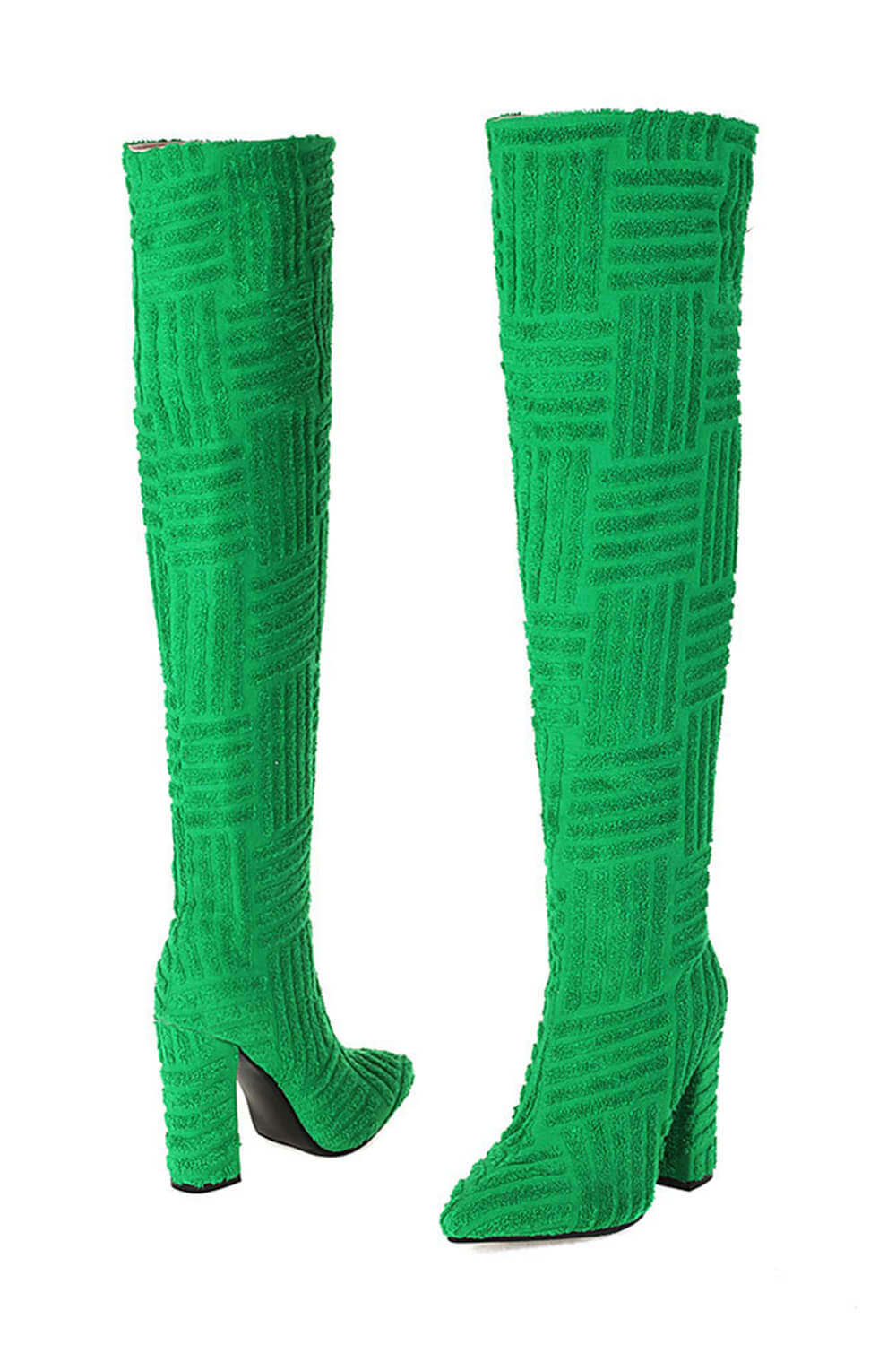 Terry Towel Point Toe Over The Knee High Block Boots - Green