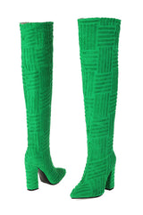 Terry Towel Point Toe Over The Knee High Block Boots - Green
