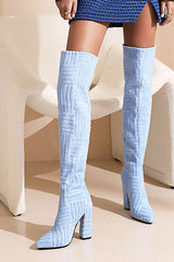 Terry Towel Point Toe Over The Knee High Block Boots - Light Blue