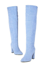 Terry Towel Point Toe Over The Knee High Block Boots - Light Blue