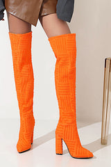 Terry Towel Point Toe Over The Knee High Block Boots - Orange