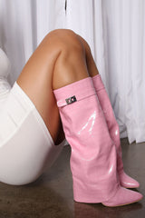 Croc-Effect Hardware Detail Folded Block Heel Knee High Long Boots - Pink