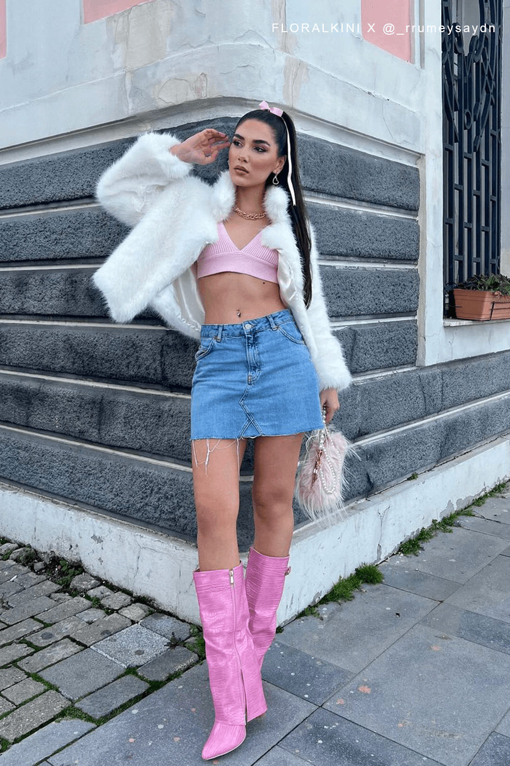 Croc-Effect Hardware Detail Folded Block Heel Knee High Long Boots - Pink