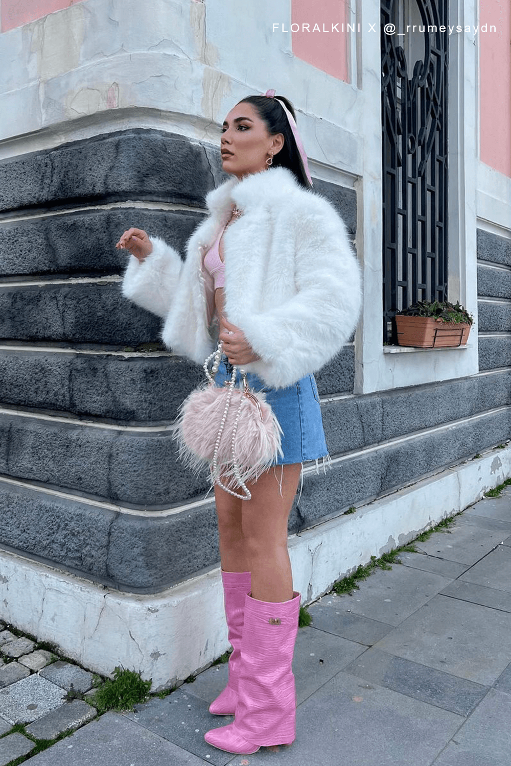 Croc-Effect Hardware Detail Folded Block Heel Knee High Long Boots - Pink