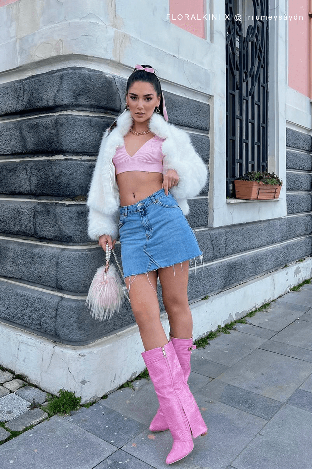 Croc-Effect Hardware Detail Folded Block Heel Knee High Long Boots - Pink