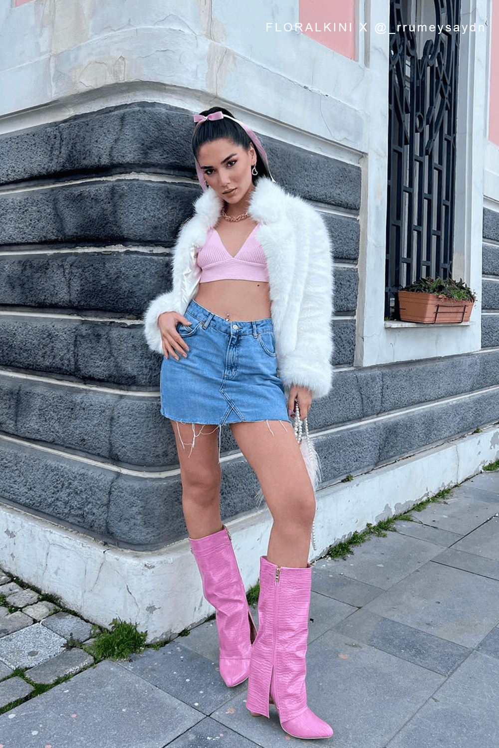 Croc-Effect Hardware Detail Folded Block Heel Knee High Long Boots - Pink
