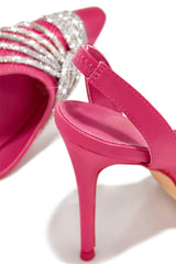 Holographic Crossover Diamante Pointed Toe Slingback Stiletto Pumps - Hot Pink