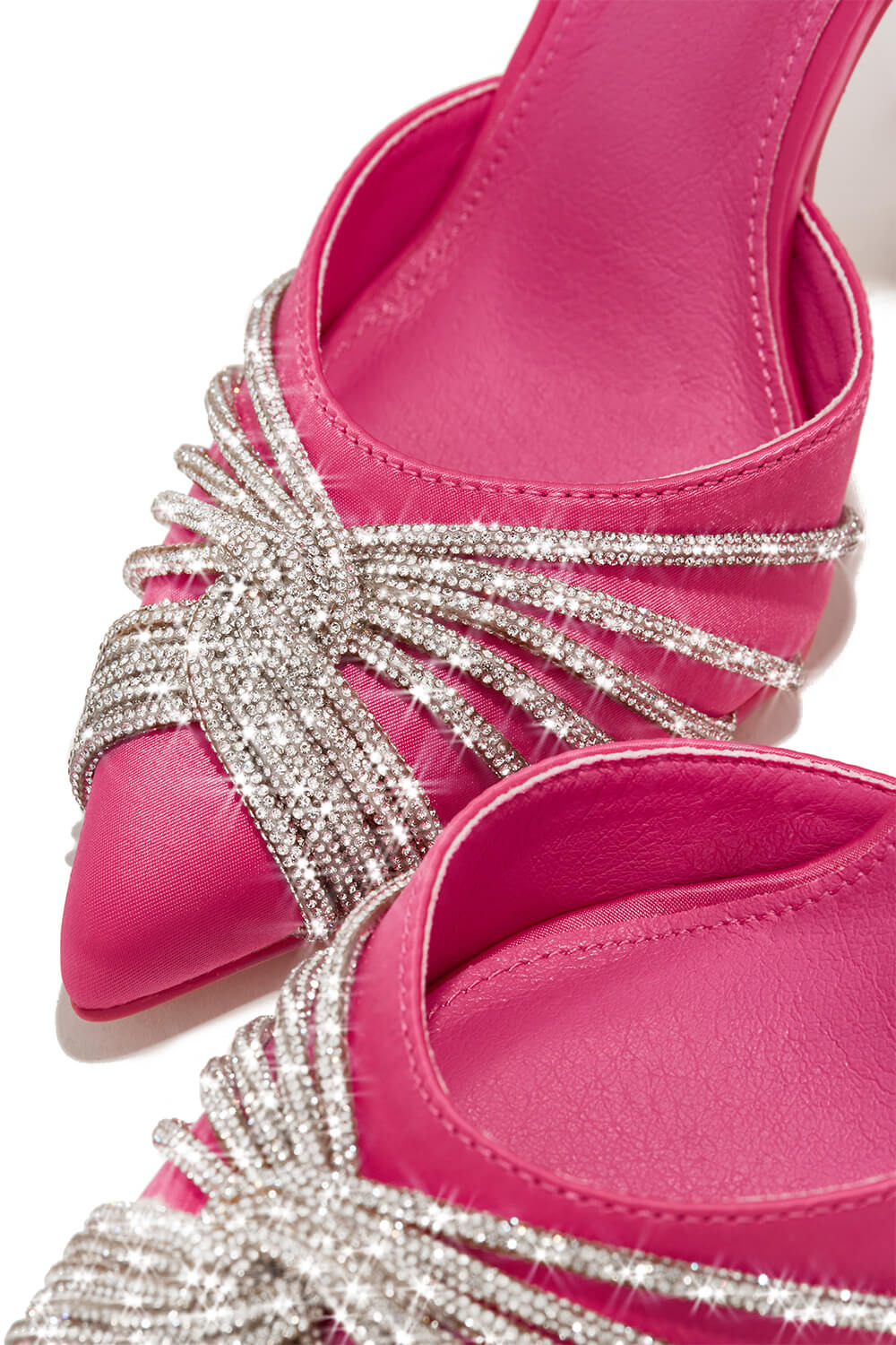 Holographic Crossover Diamante Pointed Toe Slingback Stiletto Pumps - Hot Pink