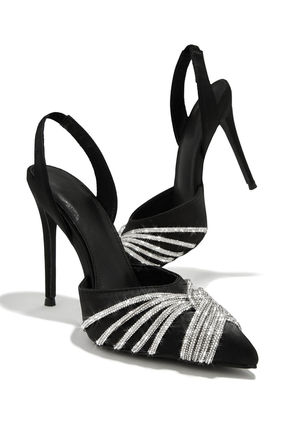 Holographic Crossover Diamante Pointed Toe Slingback Stiletto Pumps - Black