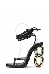 Lace Up Square Thong Toe Chain Heels - Black