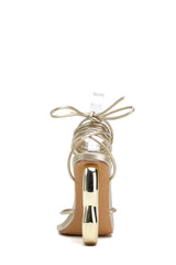 Lace Up Square Thong Toe Chain Heels - Gold