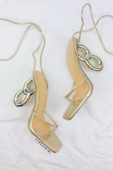 Lace Up Square Thong Toe Chain Heels - Gold