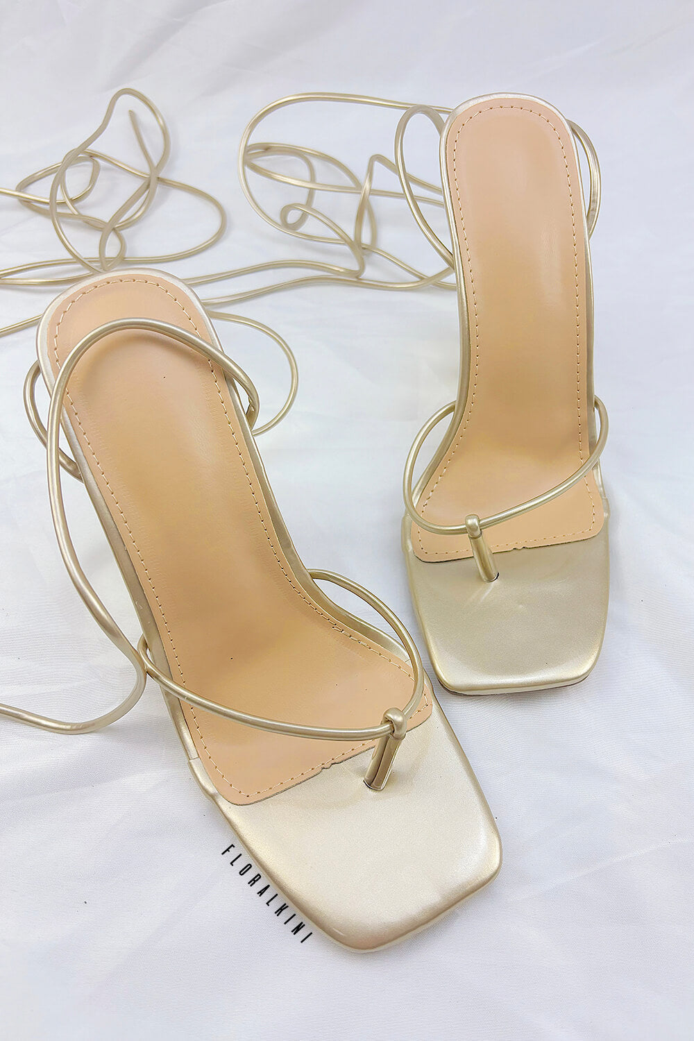 Lace Up Square Thong Toe Chain Heels - Gold