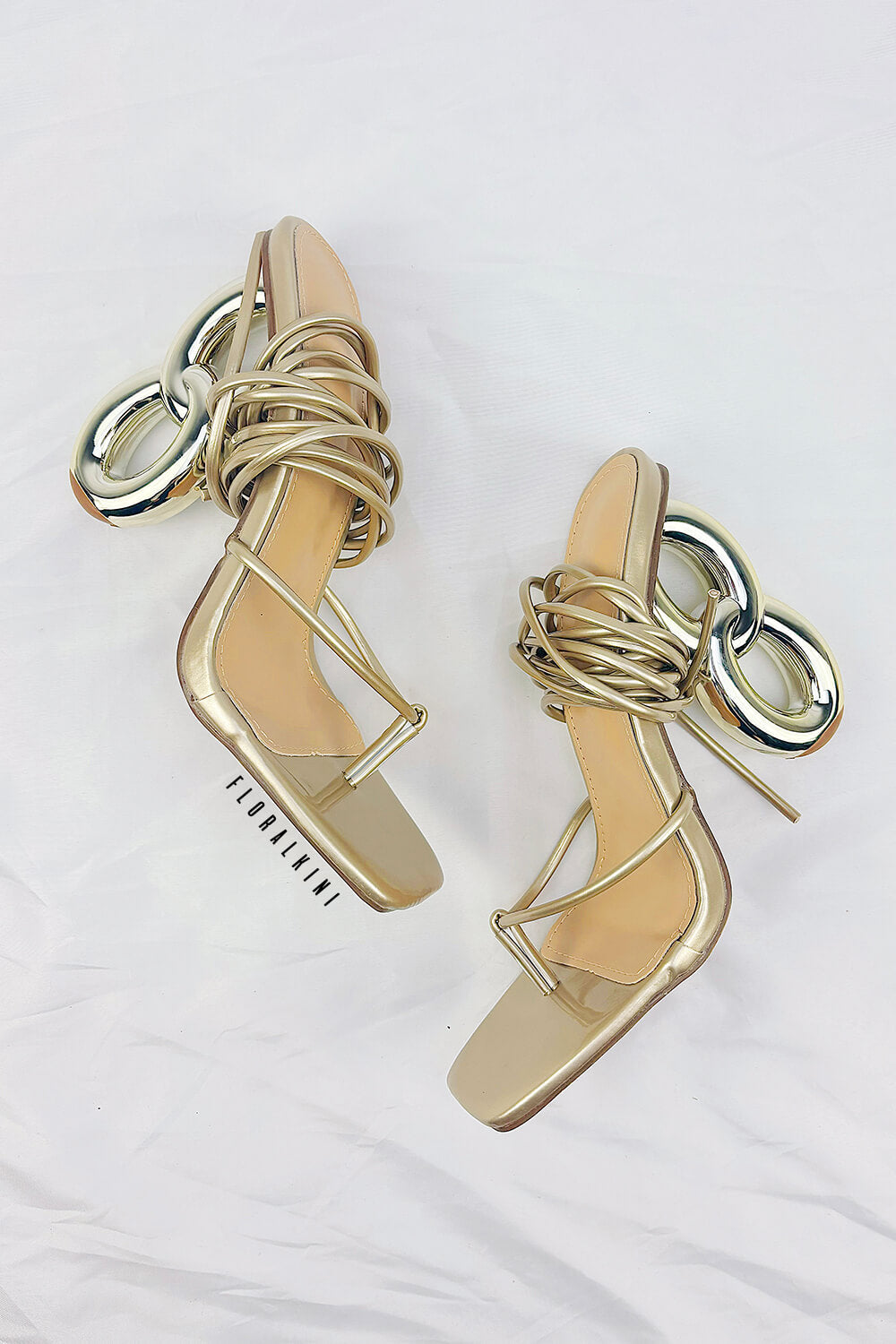 Lace Up Square Thong Toe Chain Heels - Gold