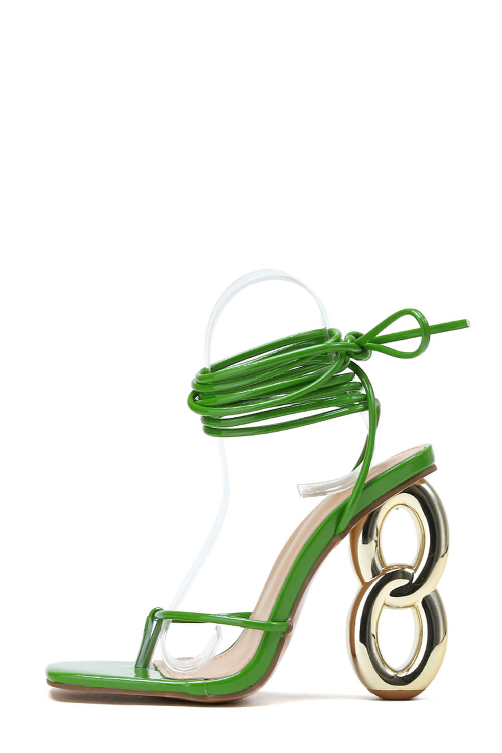 Lace Up Square Thong Toe Chain Heels - Green