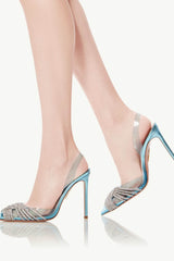 Holographic Clear Crossover Diamante Pointed Toe Perspex Slingback Stiletto Heels - Blue