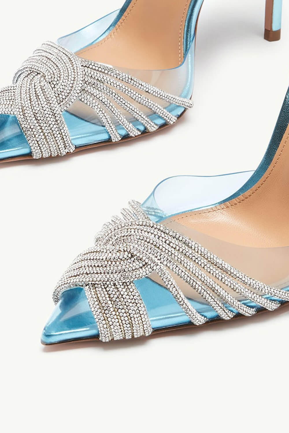 Holographic Clear Crossover Diamante Pointed Toe Perspex Slingback Stiletto Heels - Blue