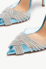 Holographic Clear Crossover Diamante Pointed Toe Perspex Slingback Stiletto Heels - Blue