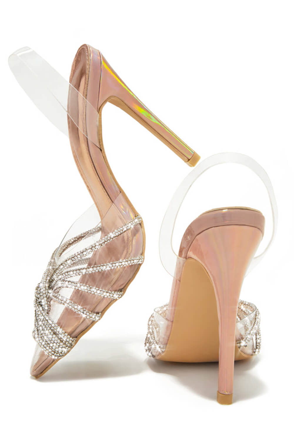 Holographic Clear Crossover Diamante Pointed Toe Perspex Slingback Stiletto Heels - Nude