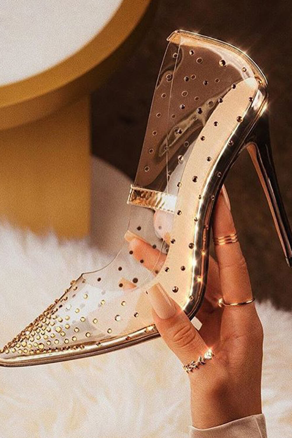 Gold Diamante Detail Court Clear Perspex Pointed Toe Stiletto Heeled Pumps
