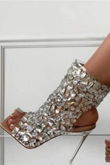 Clear Perspex Rhinestone-Studded Square Peep Toe Ankle Stiletto Bootie