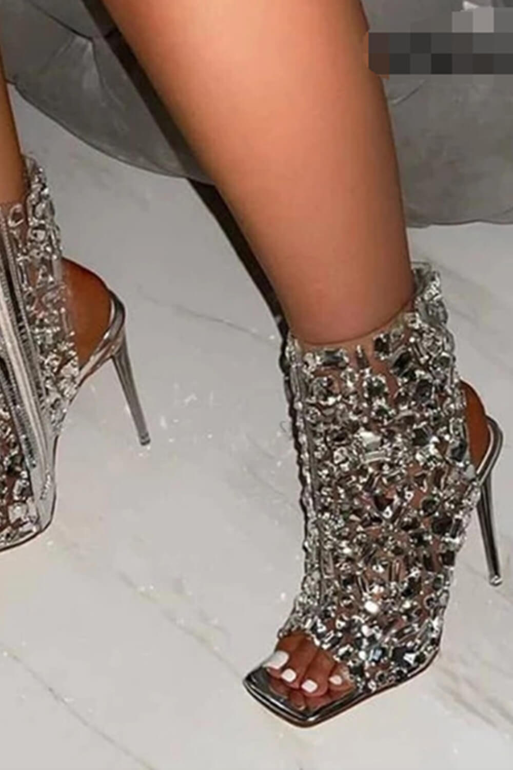 Clear Perspex Rhinestone-Studded Square Peep Toe Ankle Stiletto Bootie