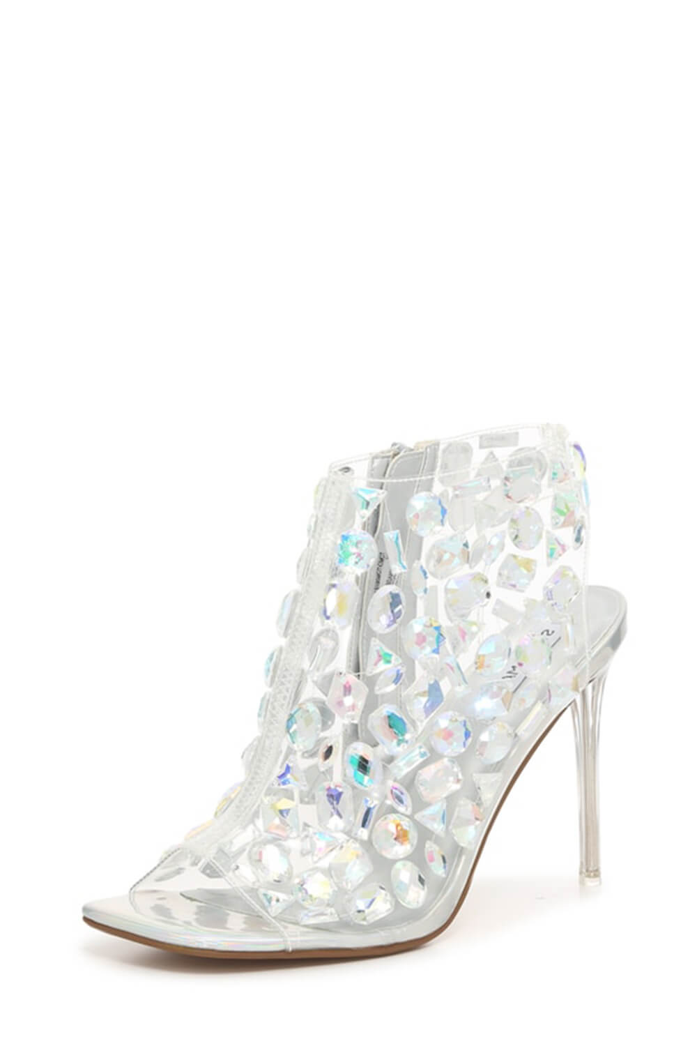 Clear Perspex Rhinestone-Studded Square Peep Toe Ankle Stiletto Bootie