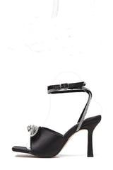 Diamante Bow Embellished Open Square Toe Heels - Black