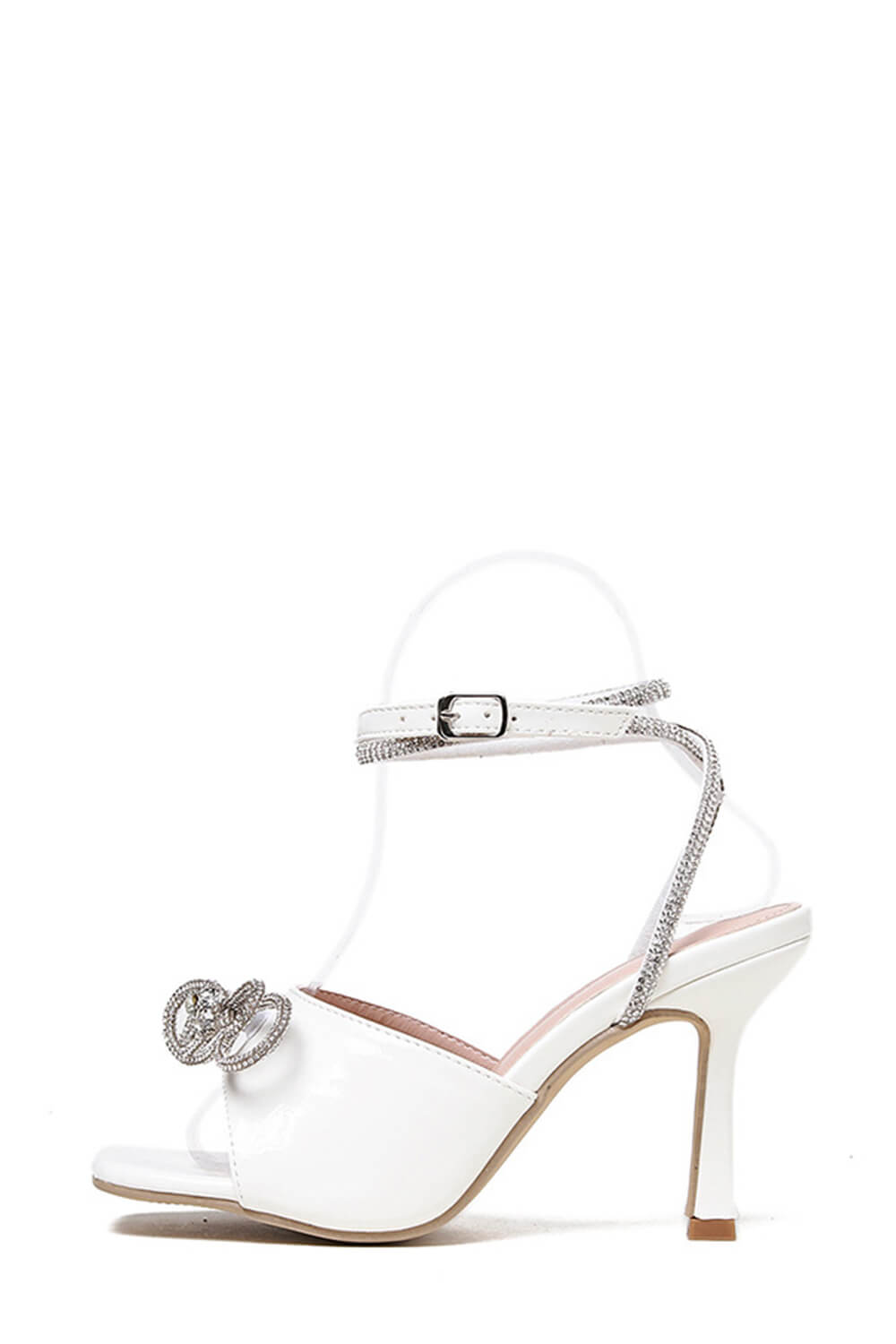 Diamante Bow Embellished Open Square Toe Heels - White