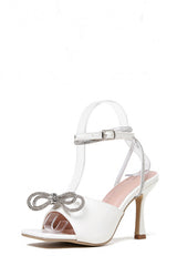 Diamante Bow Embellished Open Square Toe Heels - White