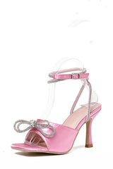 Diamante Bow Embellished Open Square Toe Heels - Pink