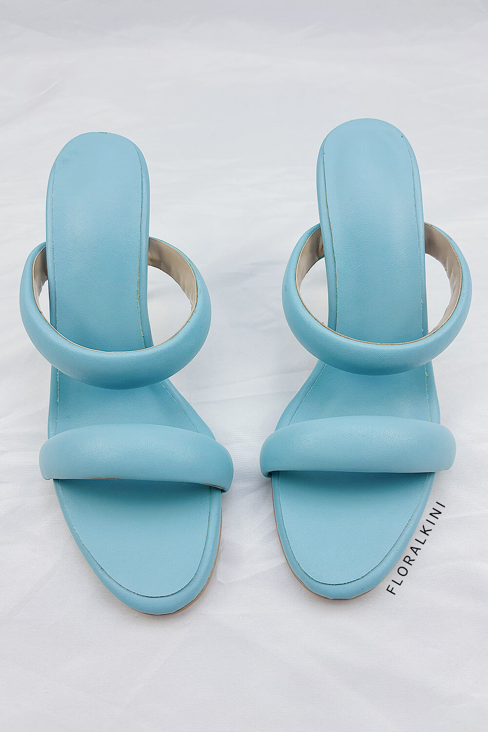 Doulbe Puffed Straps Open Toe Mule Sandals - Cyan