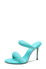 Doulbe Puffed Straps Open Toe Mule Sandals - Cyan