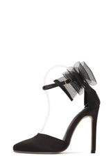 Tulle Bow Ankle Strap Pointed Toe High Heel Sandal - Black