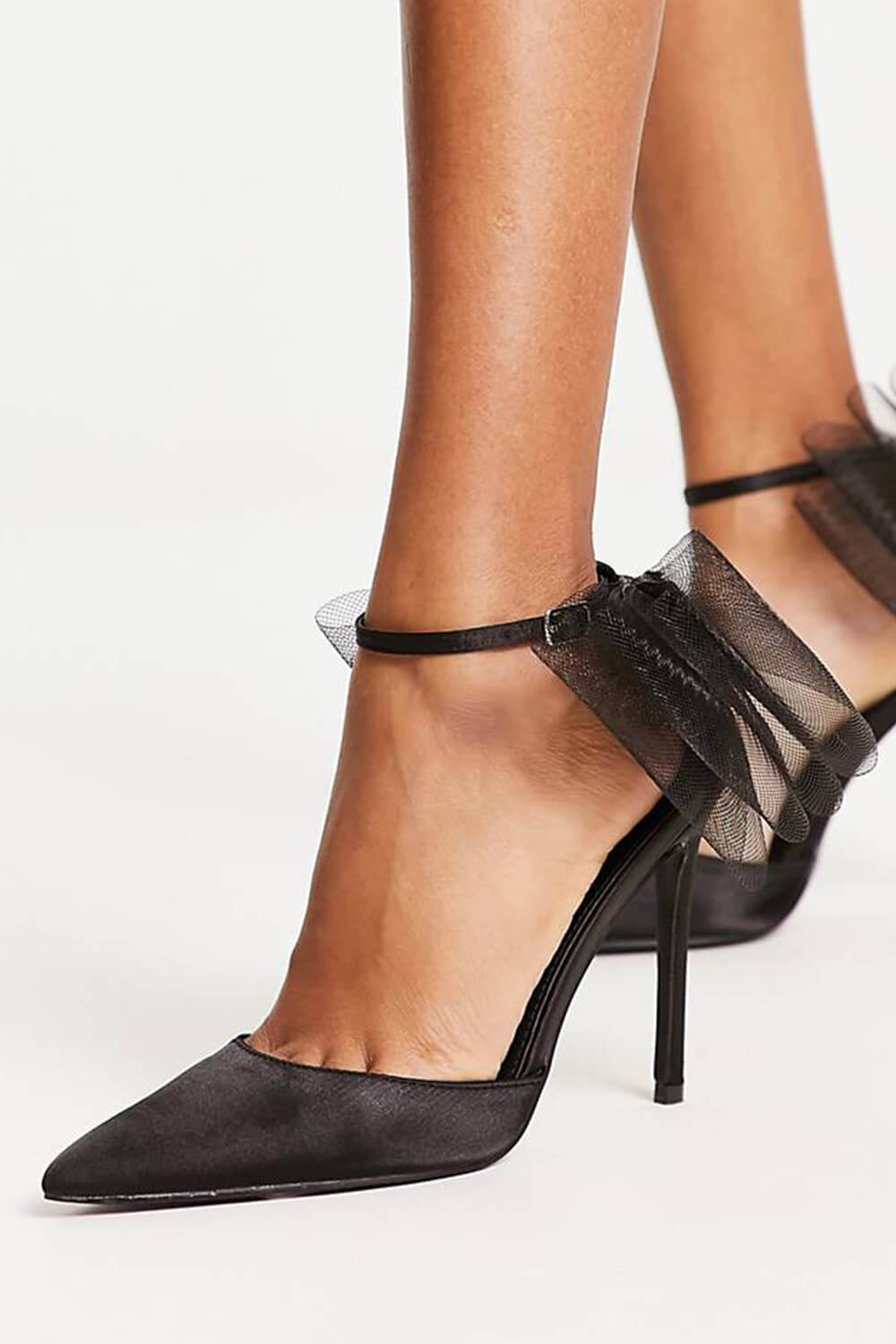 Tulle Bow Ankle Strap Pointed Toe High Heel Sandal - Black