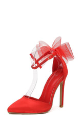Tulle Bow Ankle Strap Pointed Toe High Heel Sandal - Red
