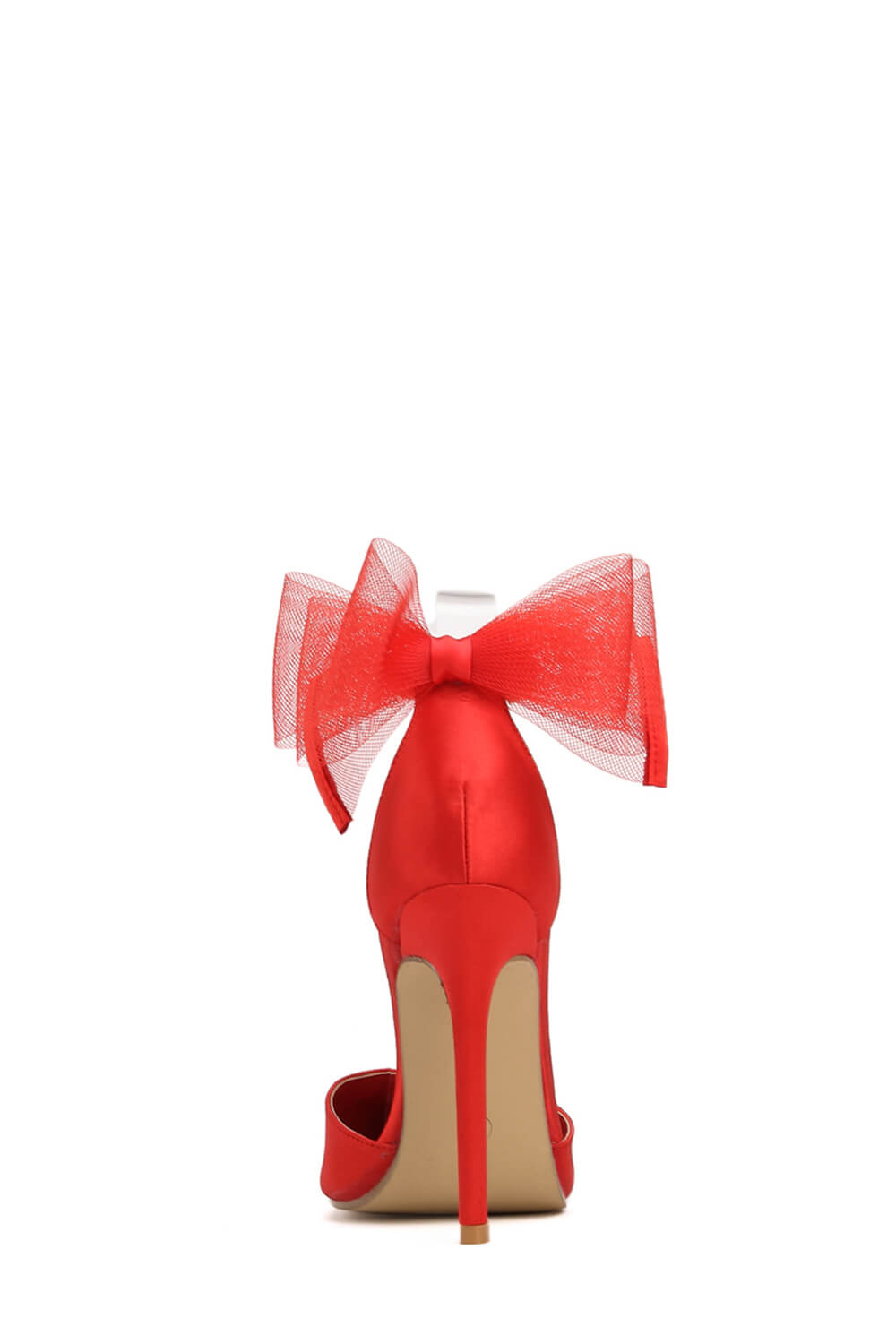 Tulle Bow Ankle Strap Pointed Toe High Heel Sandal - Red