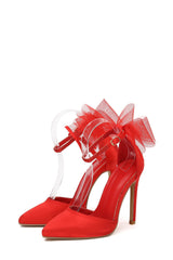 Tulle Bow Ankle Strap Pointed Toe High Heel Sandal - Red