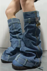 Wrapped Denim Padlock Detail Folded Wedge Heel Knee High Long Chunky Biker Boots