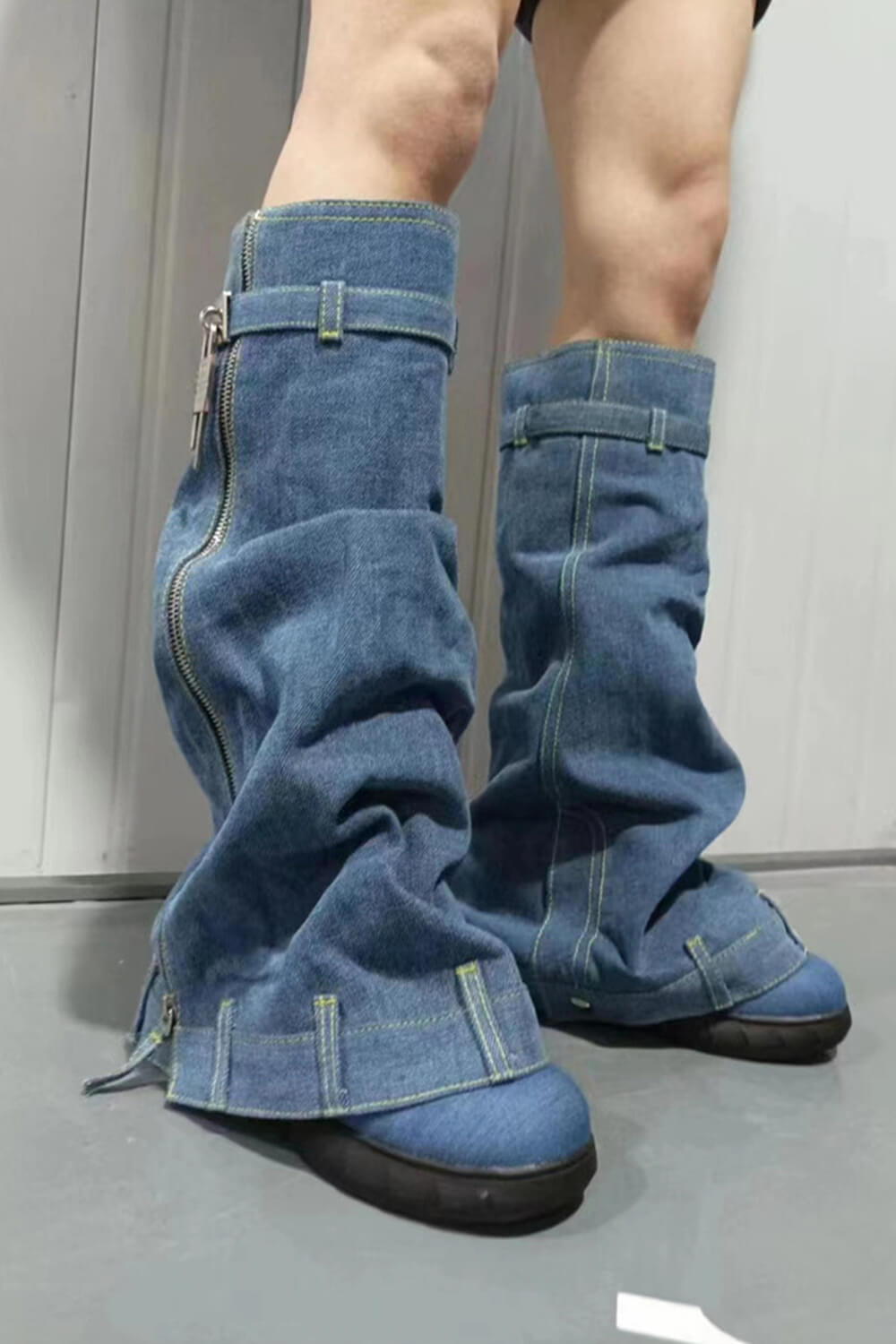 Wrapped Denim Padlock Detail Folded Wedge Heel Knee High Long Chunky Biker Boots