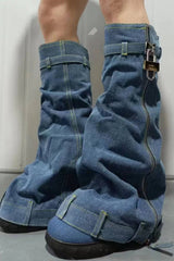 Wrapped Denim Padlock Detail Folded Wedge Heel Knee High Long Chunky Biker Boots