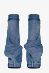Wrapped Denim Padlock Detail Folded Wedge Heel Knee High Long Chunky Biker Boots