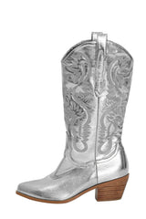 Silver Metallic Mid-Calf Western Cowboy Pointed Toe Block Heeled Boot