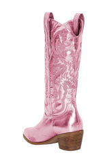 Pink Metallic Mid-Calf Western Cowboy Pointed Toe Block Heeled Boot